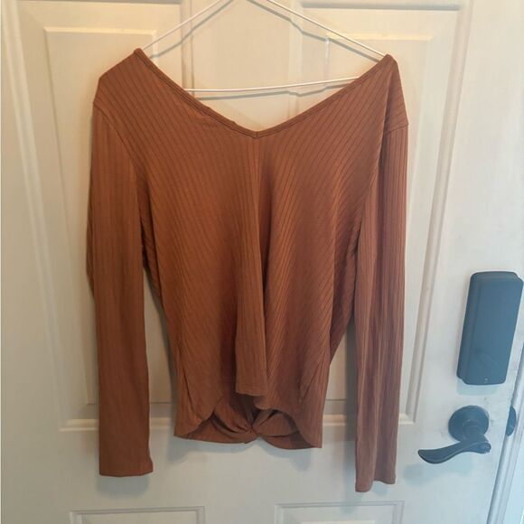Anthropologie Love, Fire Double V neck  Caramel Knit Top - Picture 2 of 6